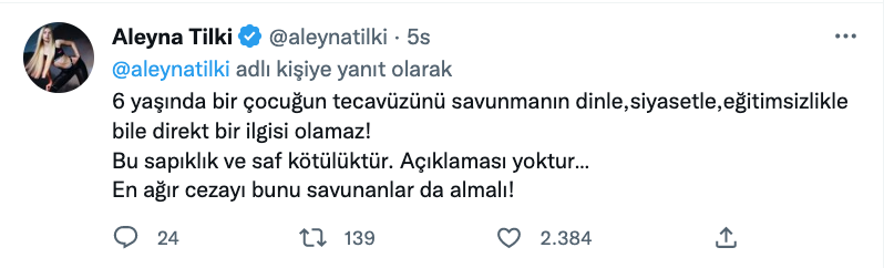 aleyna tilki den cocuk istismari ile ilgili kendisi uzerinden yapilan paylasimlara isyan